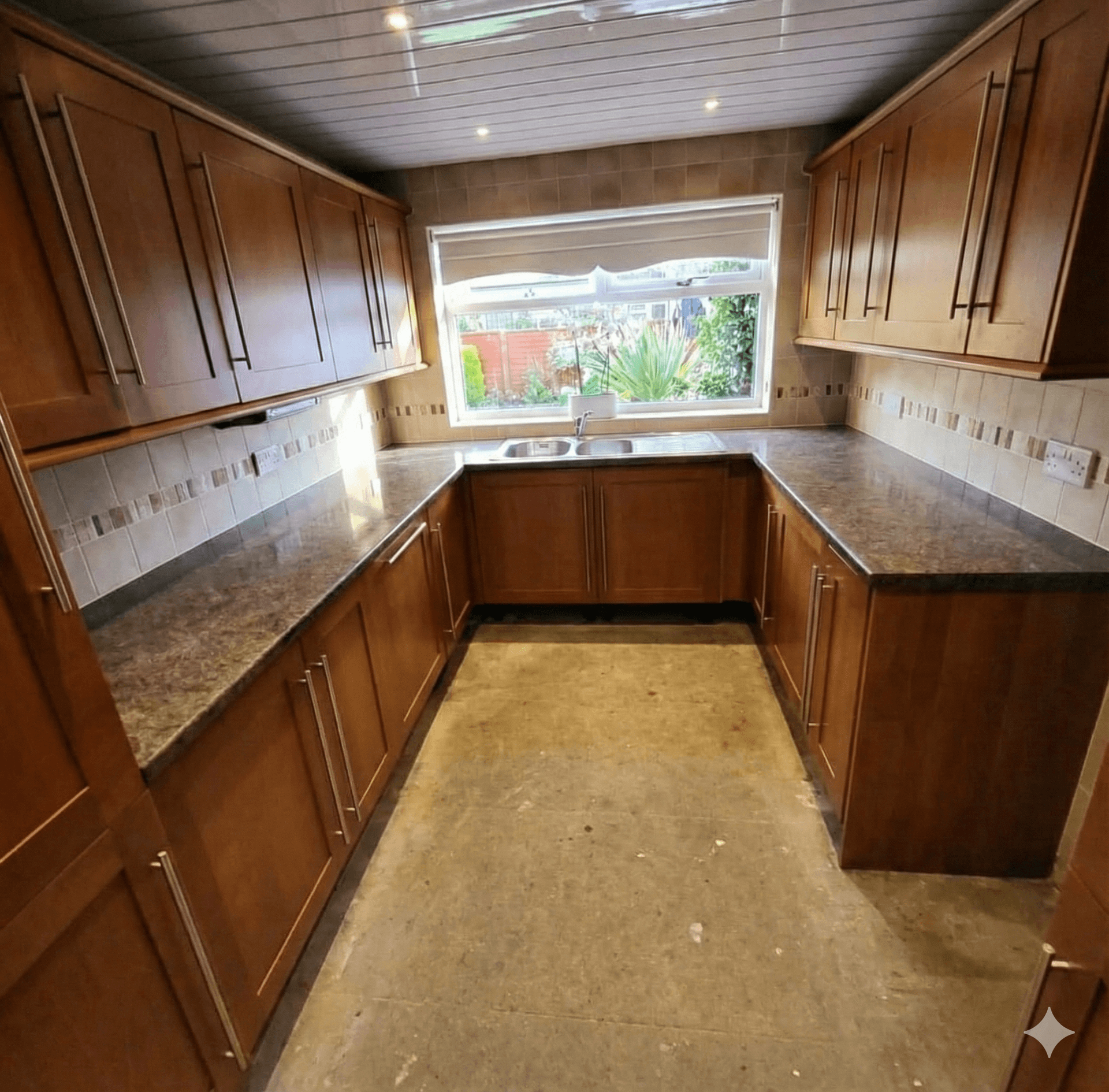 Kitchen respray before - St Helens dark oak cabinets