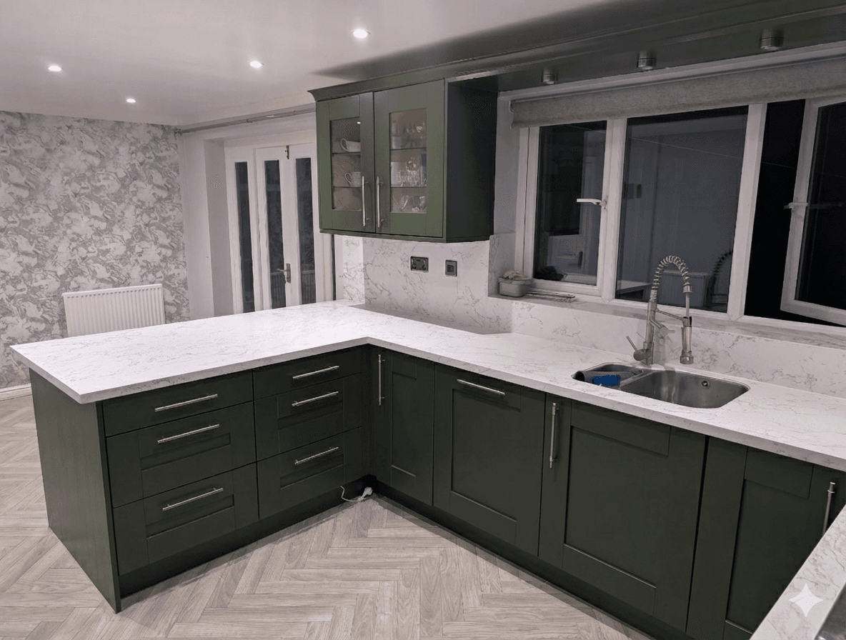 Kitchen respray cost guide - deep green kitchen transformation - Revitalize Resprays